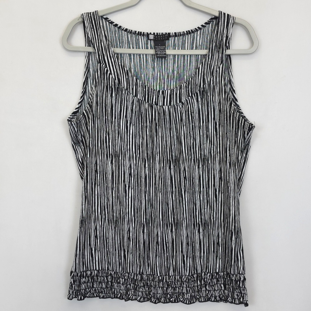 Carole‎ Little Blouse Abstract Striped Sleeveless Ruched Women L Black White